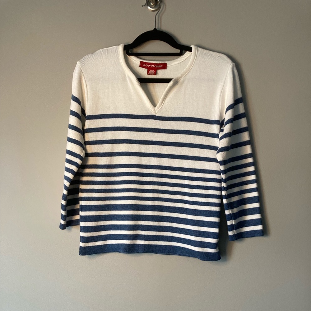 Vintage Gloria Vanderbilt Blue White Nautical Striped Sweater S Made In USA